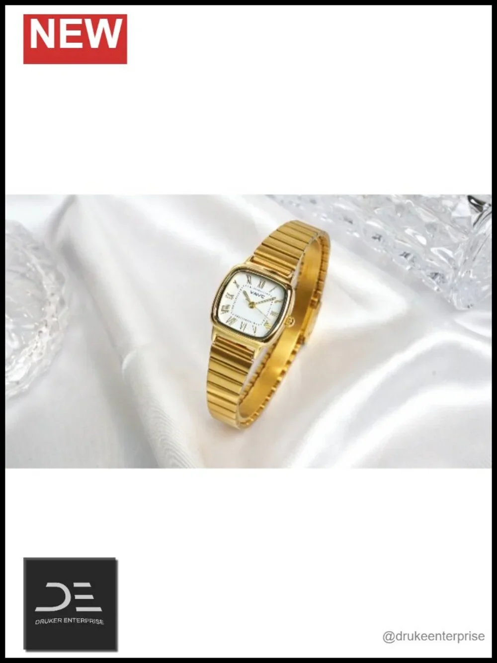 Small Gold Plated Rectangular Watch Roman Dial Quartz 3ATM